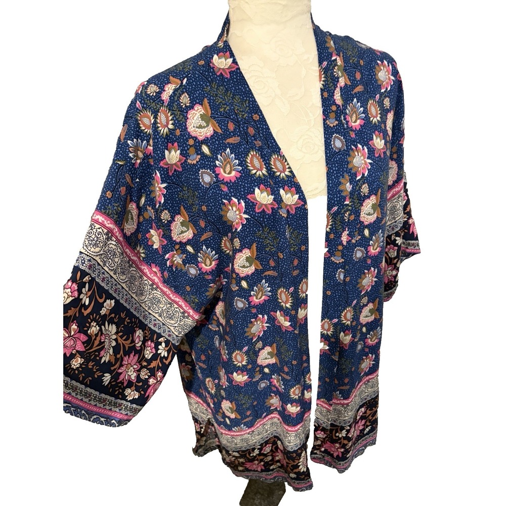 Blue Floral Duster Open Front Kimono Top~OSFM~ Flowy Border Print Boho Festival